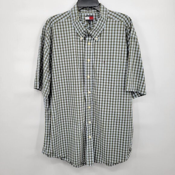 Tommy Hilfiger Men Green Plaid Short Sleeve Button Down Collar Neck Top Size XXL - Picture 1 of 11